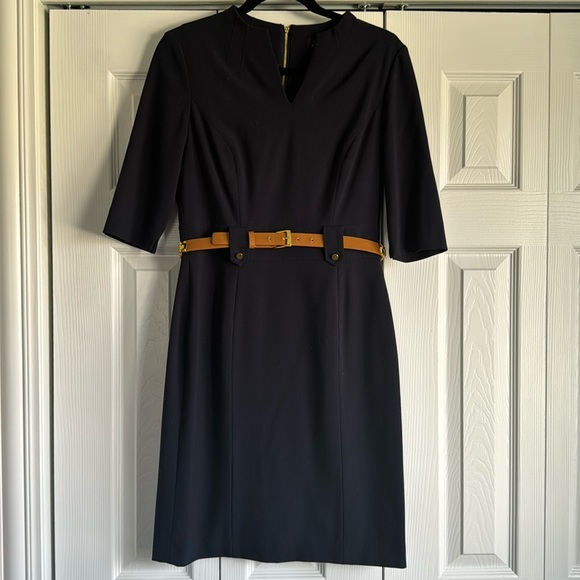 Tahari navy belted dress, size 4 - Picture 1 of 2